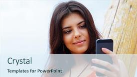  Presentation with smartphone - PPT theme consisting of mobile phone health - happy young woman using her background and a sky blue colored foreground