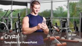  Presentation with gym - Beautiful slide deck featuring mobile phone health - young handsome man with cellphone backdrop and a  colored foreground