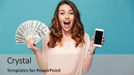  Presentation with mobile money - PPT theme having mobile phone holding money background and a lemonade colored foreground