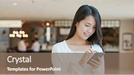  Presentation with mobile phone in woman hand - PPT layouts featuring mobile phone in shopping mall background and a  colored foreground