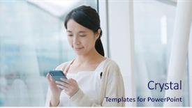  Presentation with mobile phone in woman hand - PPT theme with mobile phone in the airport background and a  colored foreground