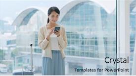  Presentation with mobile phone in woman hand - Amazing PPT layouts having mobile phone in the airport backdrop and a light blue colored foreground