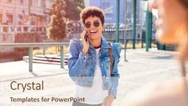  Presentation with cheerful stylish city girl using - Beautiful PPT layouts featuring mobile phone in the city backdrop and a cream colored foreground