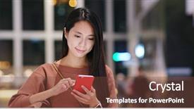  Presentation with mobile phone in woman hand - Audience pleasing slides consisting of mobile phone inside shopping plaza backdrop and a  colored foreground
