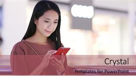  Presentation with mobile phone in woman hand - Amazing theme having mobile phone inside shopping plaza backdrop and a  colored foreground