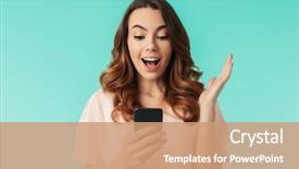  Presentation with mobile application - Beautiful PPT theme featuring application software types - portrait of a happy young backdrop and a coral colored foreground