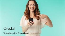  Presentation with mobile application - Cool new slide deck with application software types - portrait of a smiling young backdrop and a cool aqua colored foreground