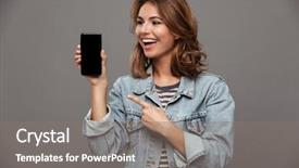  Presentation with girl teens - Slides enhanced with mobile phone isolated over gray background and a gray colored foreground