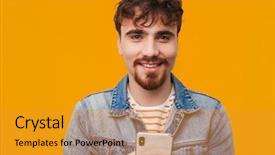  Presentation with close up of young girls - Presentation theme having mobile phone isolated over orange background and a gold colored foreground