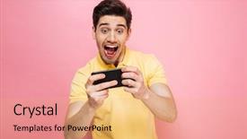  Presentation with mobile games - Slide deck having mobile phone isolated over pink background and a  colored foreground