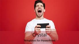  Presentation with man holding phone - Presentation theme with mobile phone isolated over red background and a crimson colored foreground