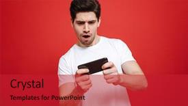  Presentation with mobile games - Presentation having mobile phone isolated over red background and a crimson colored foreground