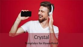  Presentation with music headphones - Cool new slide deck with mobile phone isolated over red backdrop and a crimson colored foreground