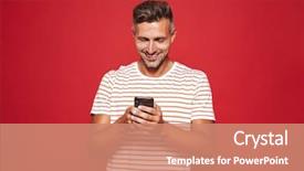  Presentation with man holding phone - Colorful slide deck enhanced with mobile phone isolated over red backdrop and a coral colored foreground