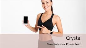  Presentation with asian fitness elderly - Beautiful theme featuring mobile phone isolated over white backdrop and a soft green colored foreground