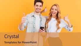  Presentation with man holding phone - Audience pleasing presentation design consisting of mobile phone isolated over yellow backdrop and a gold colored foreground