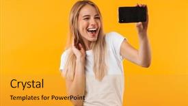  Presentation with cheerful - Slide deck having mobile phone isolated over yellow background and a  colored foreground