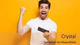  Presentation with mobile games - Beautiful theme featuring mobile phone isolated over yellow backdrop and a gold colored foreground