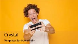  Presentation with video games playing - Presentation theme featuring mobile phone isolated over yellow background and a gold colored foreground