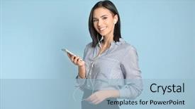  Presentation with listening woman - Colorful slide deck enhanced with mobile phone listening to music backdrop and a light blue colored foreground