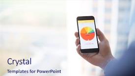  Presentation with mobile phone in woman hand - PPT theme with mobile phone in man's hand background and a sky blue colored foreground