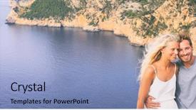  Presentation with tourists - Presentation design enhanced with mobile phone on europe travel background and a light blue colored foreground