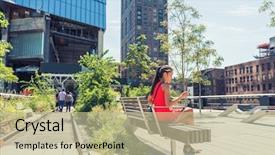  Presentation with smartphone app - PPT theme consisting of mobile phone on urban background and a mint green colored foreground