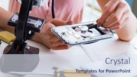  Presentation with workshop - Audience pleasing slide set consisting of mobile phone repair in workshop backdrop and a sky blue colored foreground