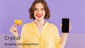  Presentation with credit card - Colorful presentation design enhanced with mobile phone showing credit card backdrop and a blonde colored foreground