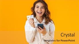  Presentation with cheerful - Audience pleasing PPT theme consisting of mobile phone showing plastic card backdrop and a yellow colored foreground