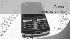  Presentation with paper - Cool new PPT theme with mobile phone the handle on white paper with figures backdrop and a light gray colored foreground