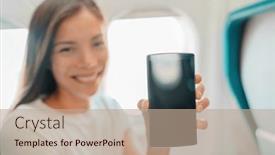  Presentation with travel app - Slides featuring mobile-phone-using-woman background and a  colored foreground