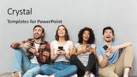  Presentation with friends - Slide set featuring mobile phones chatting looking aside background and a light gray colored foreground