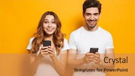  Presentation with photo - Audience pleasing PPT theme consisting of mobile phones isolated over yellow backdrop and a gold colored foreground