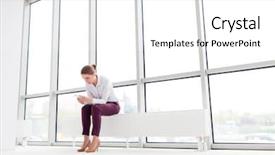  Presentation with new office - PPT theme with mobile radiation - young businesswoman using smartphone while background and a white colored foreground