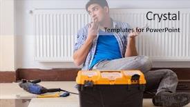  Presentation with contractor - PPT theme having mobile radiation - young repairman contractor repairing heating background and a light gray colored foreground