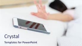  Presentation with radiation - Theme with mobile radiation - young woman sleeping in bed background and a sky blue colored foreground