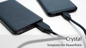  Presentation with powerbank - Slide set featuring mobile recharge - photo of black powerbank background and a light gray colored foreground
