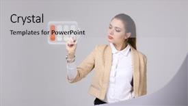 Presentation with battery - Presentation with mobile recharge - young businesswoman and battery level background and a light gray colored foreground