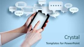  Presentation with cell phones - Presentation design consisting of computers tablets cell phones - close-up image of human hands background and a light blue colored foreground