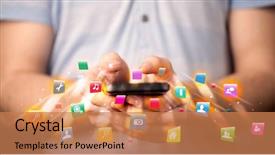  Presentation with application - Colorful PPT theme enhanced with touch social network social - man holding smartphone with technology backdrop and a coral colored foreground