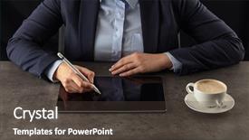  Presentation with teachers working around a table - Presentation consisting of mobile synchrinization - business woman working on tablet background and a tawny brown colored foreground