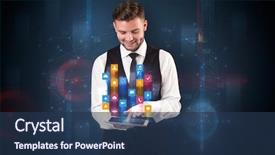  Presentation with hologram - Presentation theme having mobile synchrinization - elegant businessman holding tablet background and a ocean colored foreground