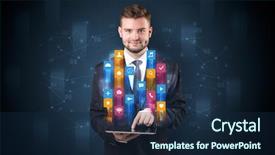  Presentation with hologram - Audience pleasing slide set consisting of mobile synchrinization - elegant businessman holding tablet backdrop and a navy blue colored foreground