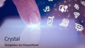  Presentation with hologram - PPT theme with mobile synchrinization - finger touching phone with hologram background and a  colored foreground