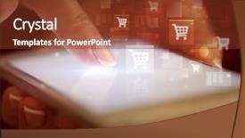  Presentation with retail smart phone shopping - Slides consisting of mobile synchrinization - finger touching phone with online background and a tawny brown colored foreground