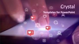  Presentation with social media - Audience pleasing PPT theme consisting of mobile synchrinization - finger touching phone with social backdrop and a violet colored foreground