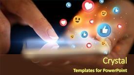  Presentation with social media - Beautiful theme featuring mobile synchrinization - finger touching phone with social backdrop and a tawny brown colored foreground