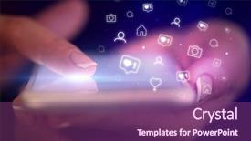  Presentation with social media - Presentation design with mobile synchrinization - finger touching phone with social background and a violet colored foreground
