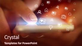  Presentation with social media - Amazing PPT theme having mobile synchrinization - finger touching phone with social backdrop and a tawny brown colored foreground